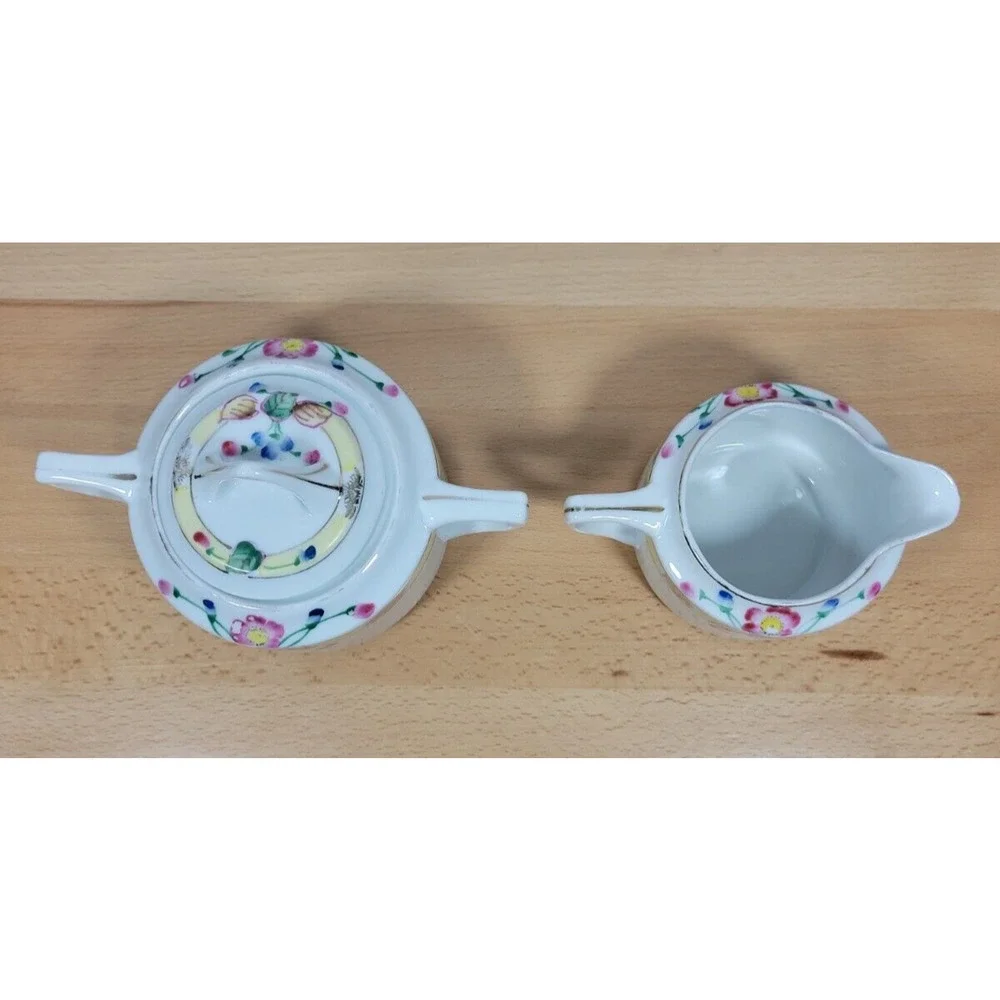 Vintage Nippon Japan Hand Painted Creamer and Sugar with Lid Roses Floral Flower